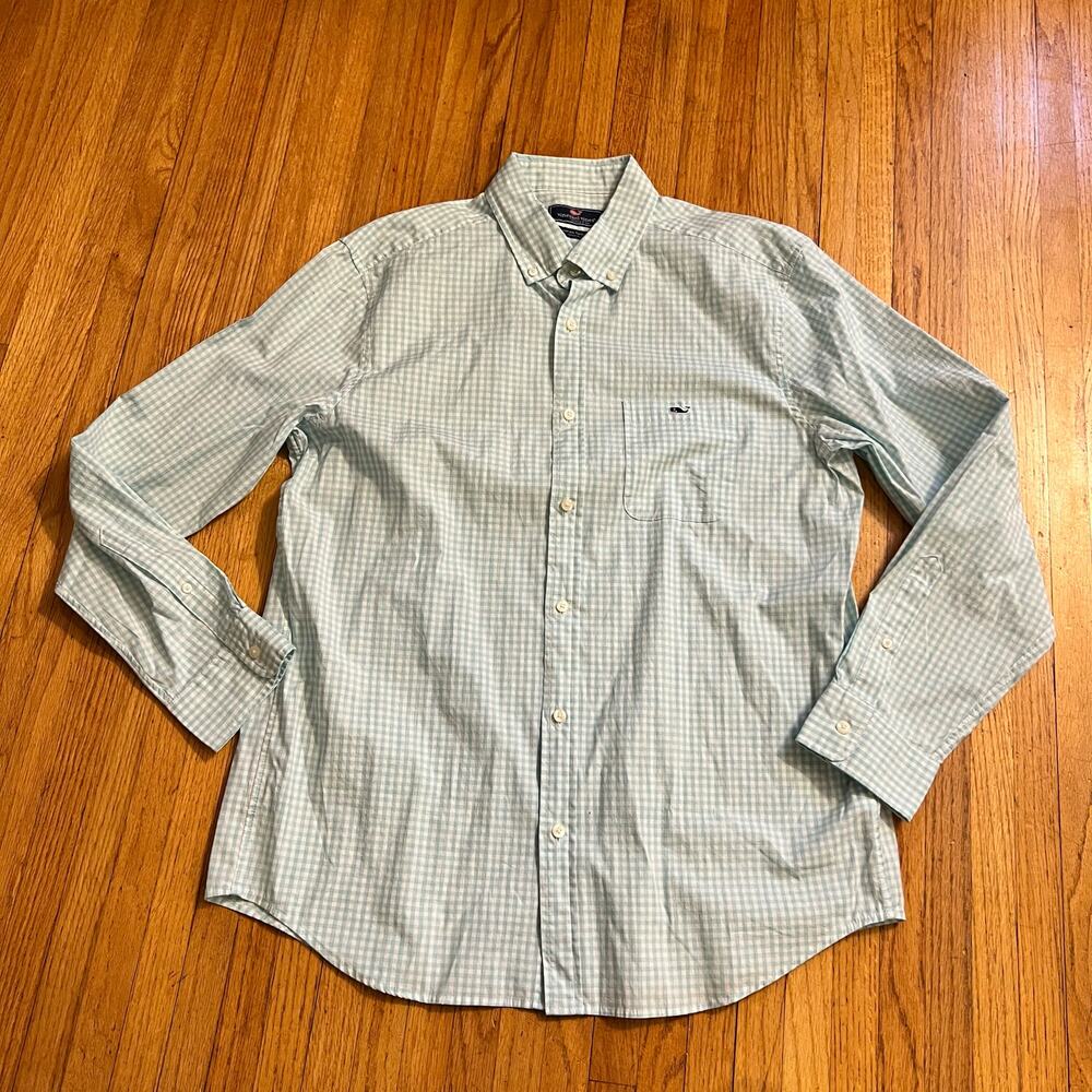 Vineyard Vines Shirt Mens Large Classic Tucker Plaid Blue Green Button